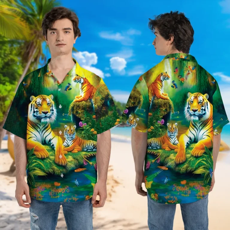 Tiger Resting In The Forest Hawaiian Shirts For Men, Tree Lover Button Down Short Sleeve, Hawaii Men's Wear Collection, Aloha Printed Clothing