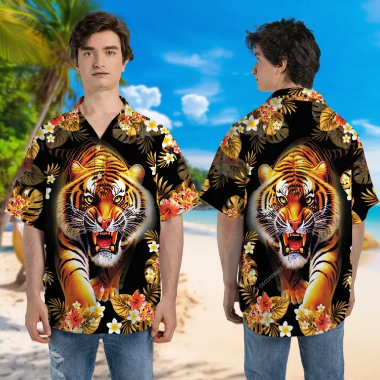 Mighty Bengal Tiger Unisex Hawaii Shirt, Fierce Tiger Button Down Men's Hawaiian Shirt, Roaring Wildcat Printed Aloha Short Sleeves, Casual Wear