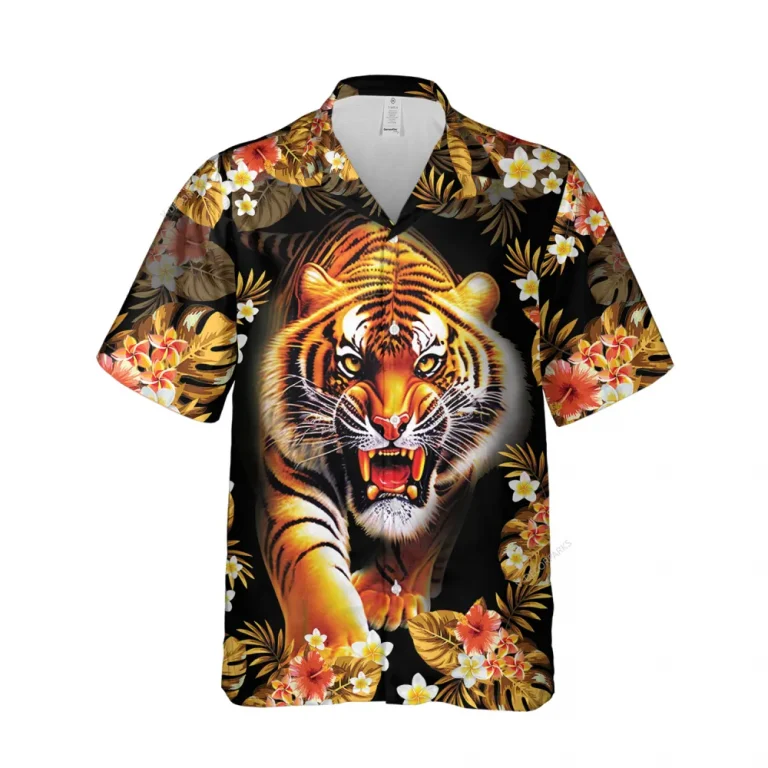 Mighty Bengal Tiger Unisex Hawaii Shirt, Fierce Tiger Button Down Men's Hawaiian Shirt, Roaring Wildcat Printed Aloha Short Sleeves, Casual Wear