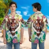 Ferocious Tiger Men's Hawaiian Shirt, Tropical Flower Garden Hawaii Short Sleeve, Summer Forest Printed Aloha Shirt, Family Travel Clothing