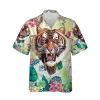 Ferocious Tiger Men's Hawaiian Shirt, Tropical Flower Garden Hawaii Short Sleeve, Summer Forest Printed Aloha Shirt, Family Travel Clothing