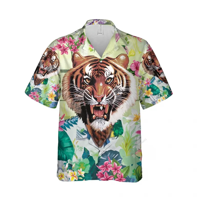 Ferocious Tiger Men's Hawaiian Shirt, Tropical Flower Garden Hawaii Short Sleeve, Summer Forest Printed Aloha Shirt, Family Travel Clothing