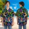 Hologram Tiger's Faces Hawaiian Shirts For Men, Galaxy Space Patterned Button Down Men's Hawaii Shirt, Wild Cat Lover Printed Short Sleeves