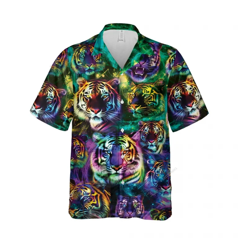 Hologram Tiger's Faces Hawaiian Shirts For Men, Galaxy Space Patterned Button Down Men's Hawaii Shirt, Wild Cat Lover Printed Short Sleeves