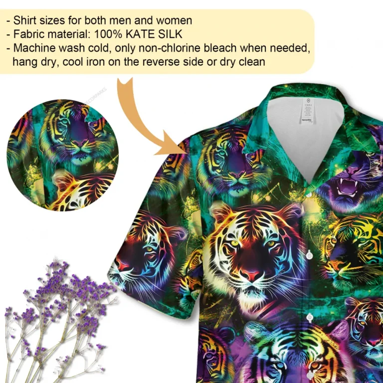 Hologram Tiger's Faces Hawaiian Shirts For Men, Galaxy Space Patterned Button Down Men's Hawaii Shirt, Wild Cat Lover Printed Short Sleeves