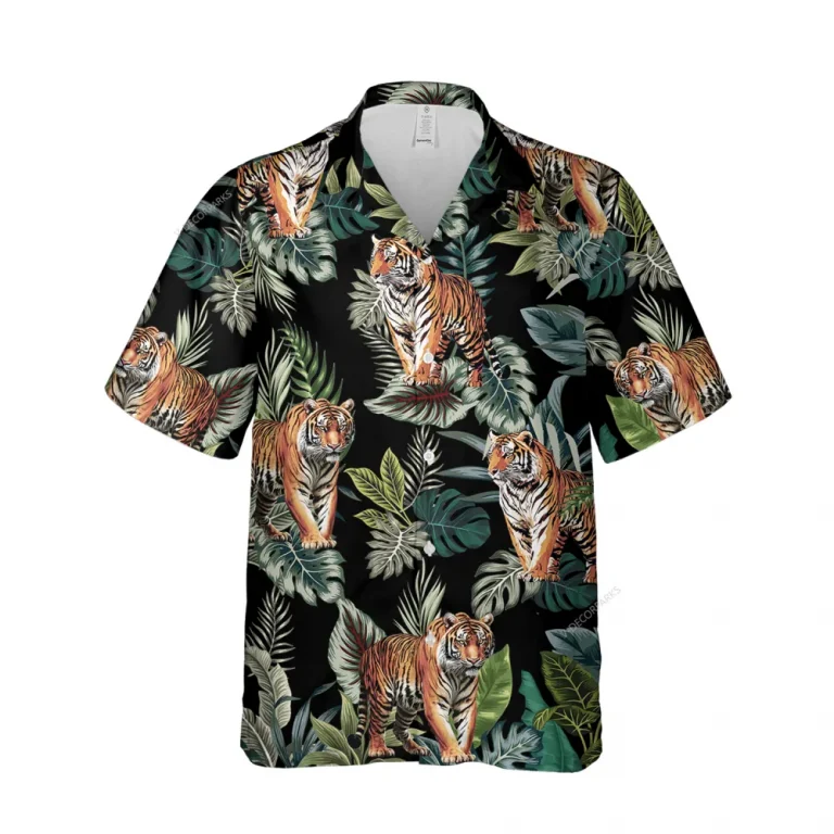 Wandering Bengal Tiger Men's Hawaii Shirt, Tropical Leaves Aloha Button Down Shirts, Animal Patterned Short Sleeve, Nature Lover Clothing