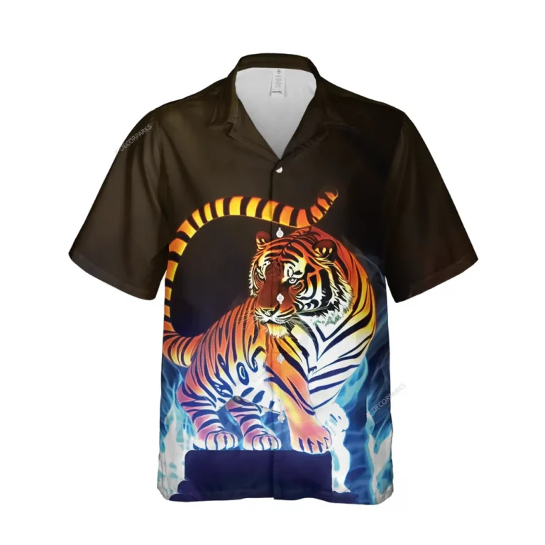 Austere Wild Tiger Hawaiian Shirts For Men, Tiger Light A Flame Aloha Button Down Short Sleeve, Wild Life Inspried Men's Hawaiian Shirt