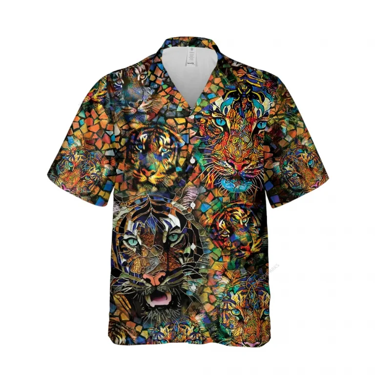 Mosaic Tiger Patterned Hawaii Shirt For Men, Prism Glass Tiger Aloha Printed Short Sleeve, Ceramic Texture Pattern Clothing, Casual Men's Wear