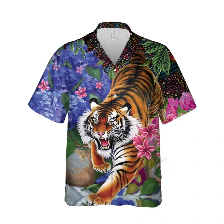 Chasing Tiger Men's Hawaiian Shirt, Wild Scenery Painting Unisex Hawaiian Shirt, Tropical Hibiscus Flower Printed Short Sleeves