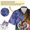 Chasing Tiger Men's Hawaiian Shirt, Wild Scenery Painting Unisex Hawaiian Shirt, Tropical Hibiscus Flower Printed Short Sleeves