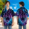 Negative Colored Galaxy Tiger Hawaiian Shirt For Men, Starry Night Button Down Men's Hawaiian Shirt, Bright Eyes Printed Short Sleeves, Casual Fit