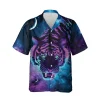 Negative Colored Galaxy Tiger Hawaiian Shirt For Men, Starry Night Button Down Men's Hawaiian Shirt, Bright Eyes Printed Short Sleeves, Casual Fit