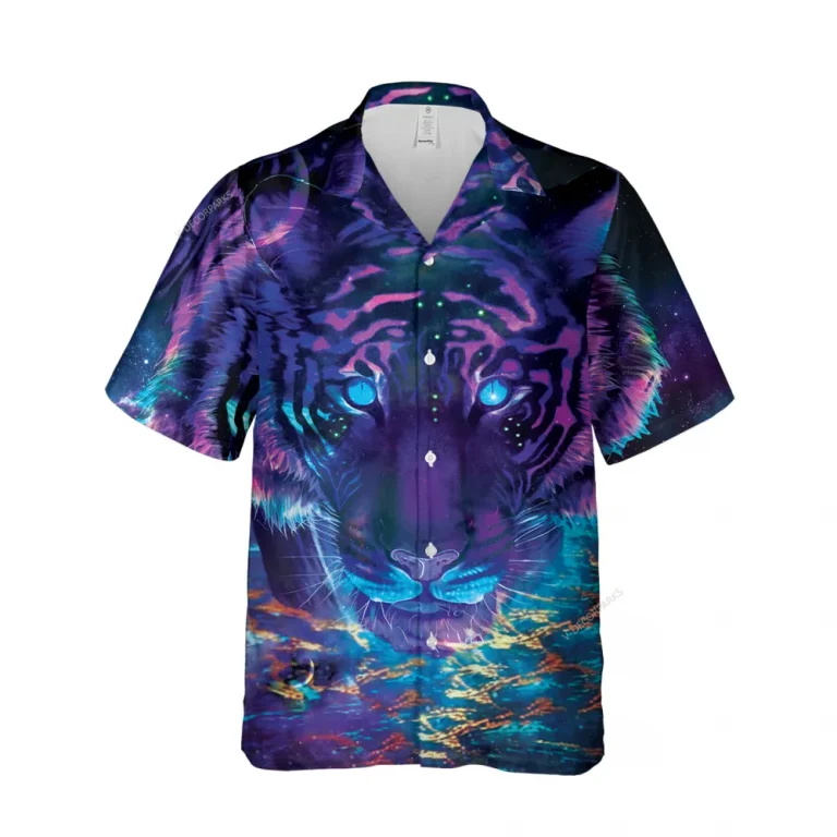 Negative Toned Galatic Tiger Hawaiian Shirt For Men, Starry Sky Button Down Men's Hawaiian Shirt, Bright Eyes Printed Short Sleeves, Casual Fit