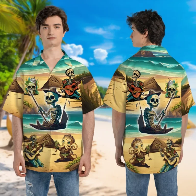 Tropical Skeleton Unisex Hawaiian Shirts, Sea Trip Button Down Shirt, Octopus Pattern Shirt, Funny Desert Hawaii Clothing, Sea Lover Gift
