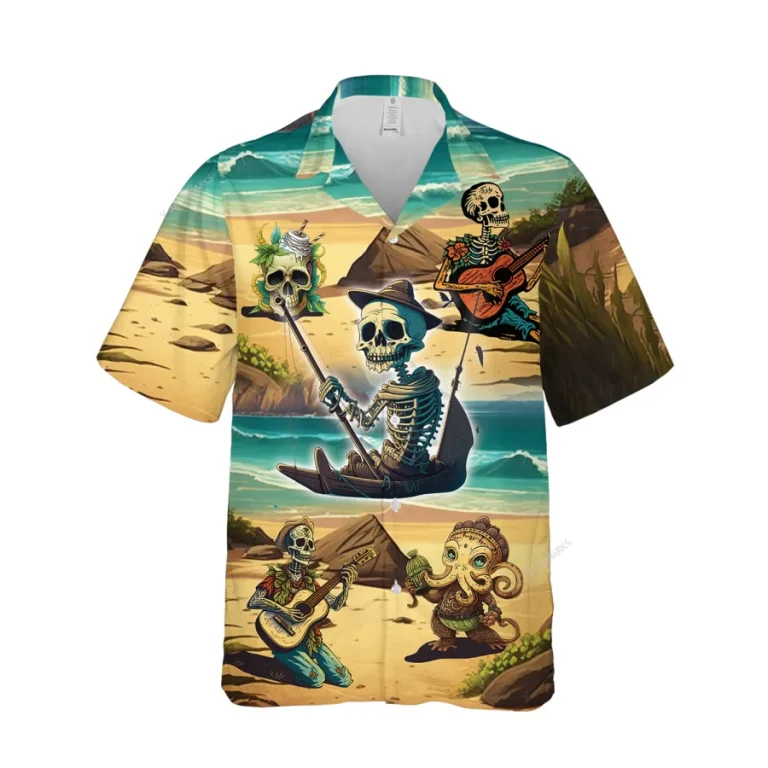 Tropical Skeleton Unisex Hawaiian Shirts, Sea Trip Button Down Shirt, Octopus Pattern Shirt, Funny Desert Hawaii Clothing, Sea Lover Gift
