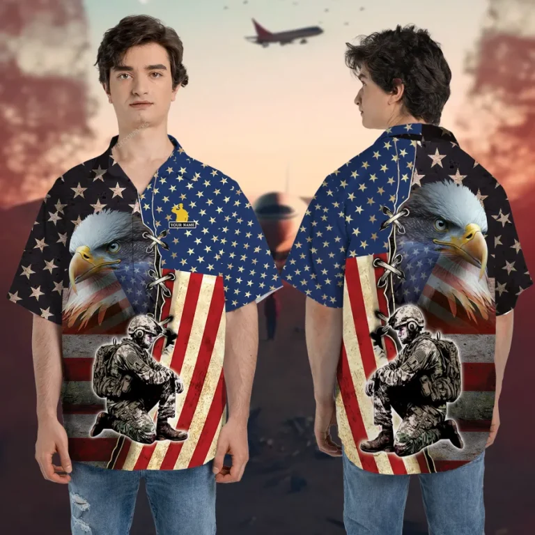Us Soldier And Eagle Unisex Hawaiian Shirts, American Flag Button Down Shirt, Patriot Gifts, Birth Lover Printed Clothing, 4th Of July Gift