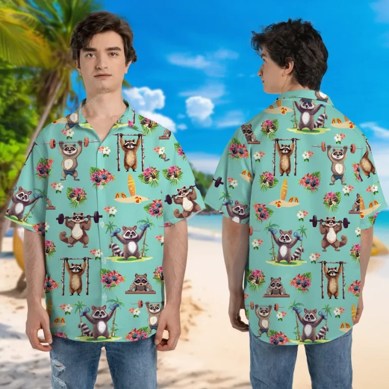 Vintage Raccoon Workout Unisex Hawaiian Shirt, Funny Icon Printed Aloha Button Down Shirt, Island Pattern Shirt, Sport Lover Gift, Funny Clothing