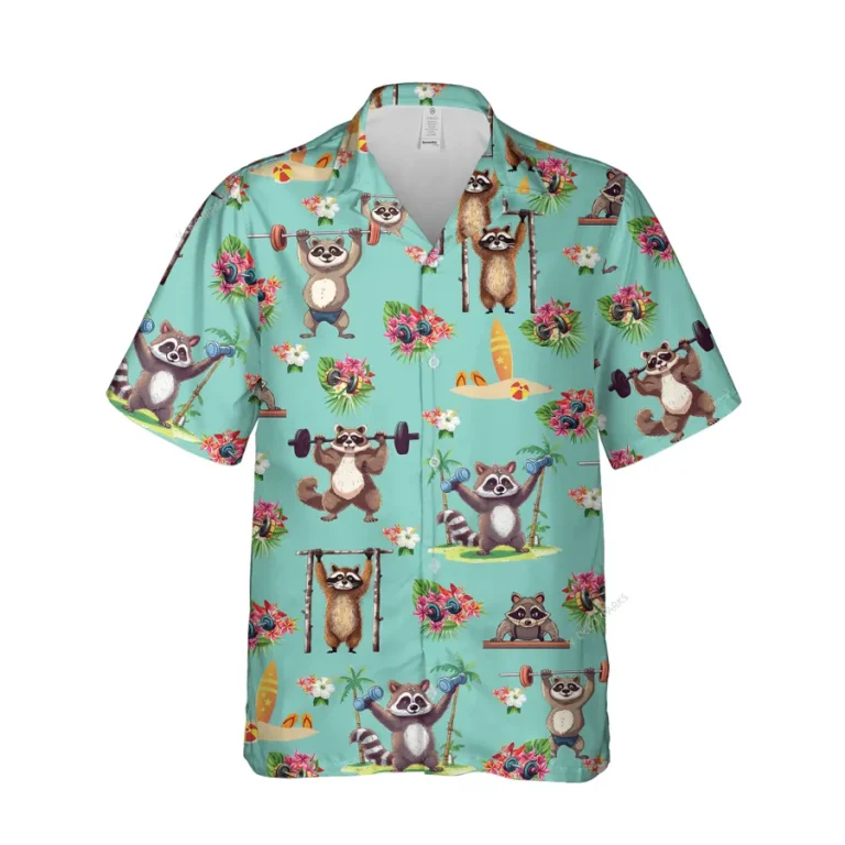 Vintage Raccoon Workout Unisex Hawaiian Shirt, Funny Icon Printed Aloha Button Down Shirt, Island Pattern Shirt, Sport Lover Gift, Funny Clothing