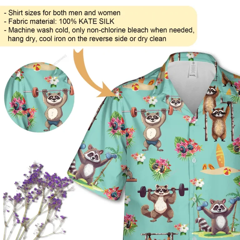 Vintage Raccoon Workout Unisex Hawaiian Shirt, Funny Icon Printed Aloha Button Down Shirt, Island Pattern Shirt, Sport Lover Gift, Funny Clothing
