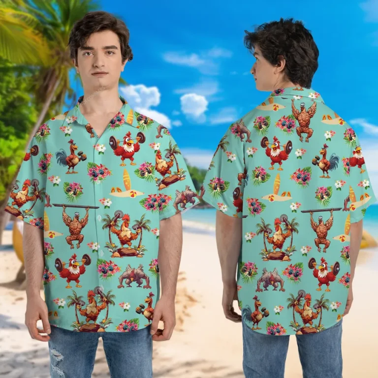Funny Workout Chicken Unisex Hawaiian Shirt, Aloha Beach Button Down Shirt, Island Printed Clothing, Retro Shirt, Bird Lover Gift