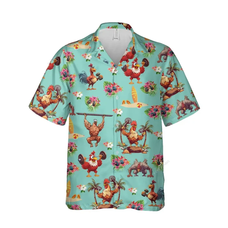 Funny Workout Chicken Unisex Hawaiian Shirt, Aloha Beach Button Down Shirt, Island Printed Clothing, Retro Shirt, Bird Lover Gift
