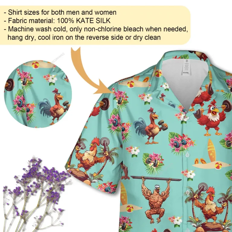 Funny Workout Chicken Unisex Hawaiian Shirt, Aloha Beach Button Down Shirt, Island Printed Clothing, Retro Shirt, Bird Lover Gift