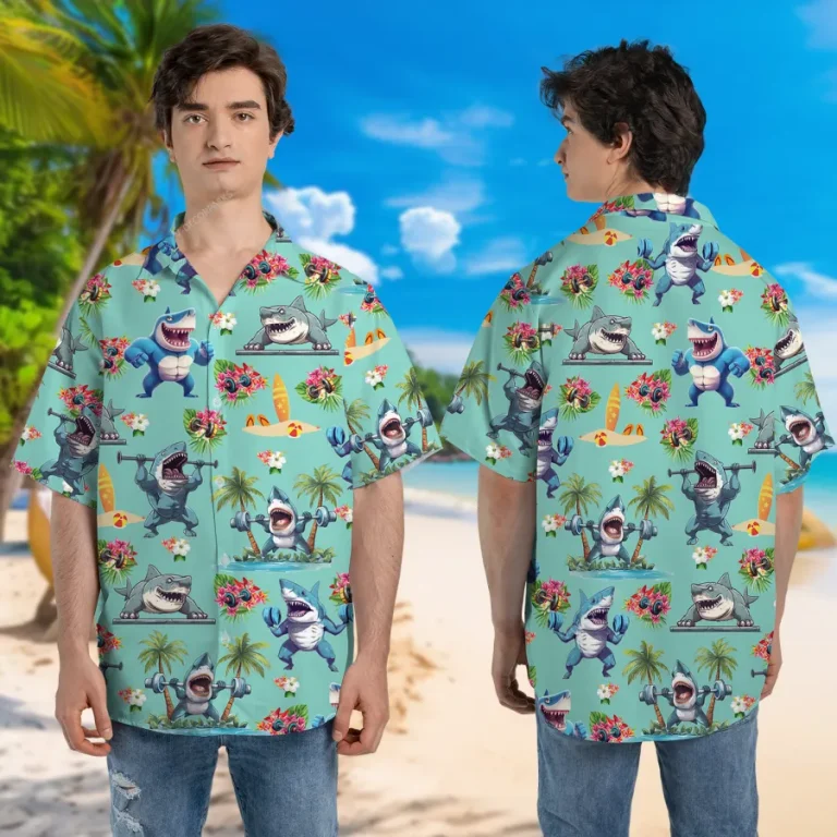 Workout Shark Unisex Hawaiian Shirt, Ocean Animal Printed Shirt, Weightlifting Lover Aloha Button Down Shirt, Animated 3d Clothing