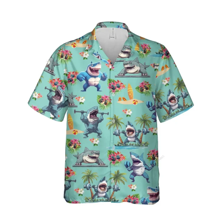 Workout Shark Unisex Hawaiian Shirt, Ocean Animal Printed Shirt, Weightlifting Lover Aloha Button Down Shirt, Animated 3d Clothing