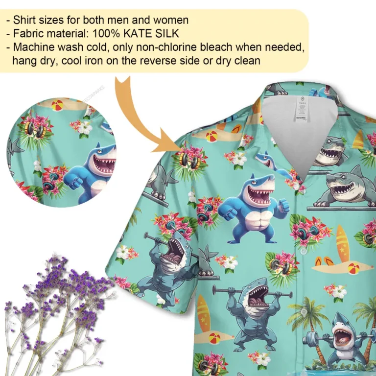 Workout Shark Unisex Hawaiian Shirt, Ocean Animal Printed Shirt, Weightlifting Lover Aloha Button Down Shirt, Animated 3d Clothing