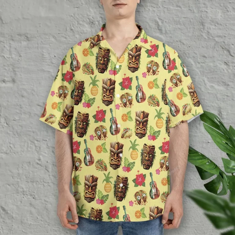 Tiki Mask Taco Hawaiian Shirts, Mexican Themed Summer Beach Shirts, Cinco De Mayo Aloha Shirts, Mexican Culture Button Down Short Sleeve Hawaii Shirts