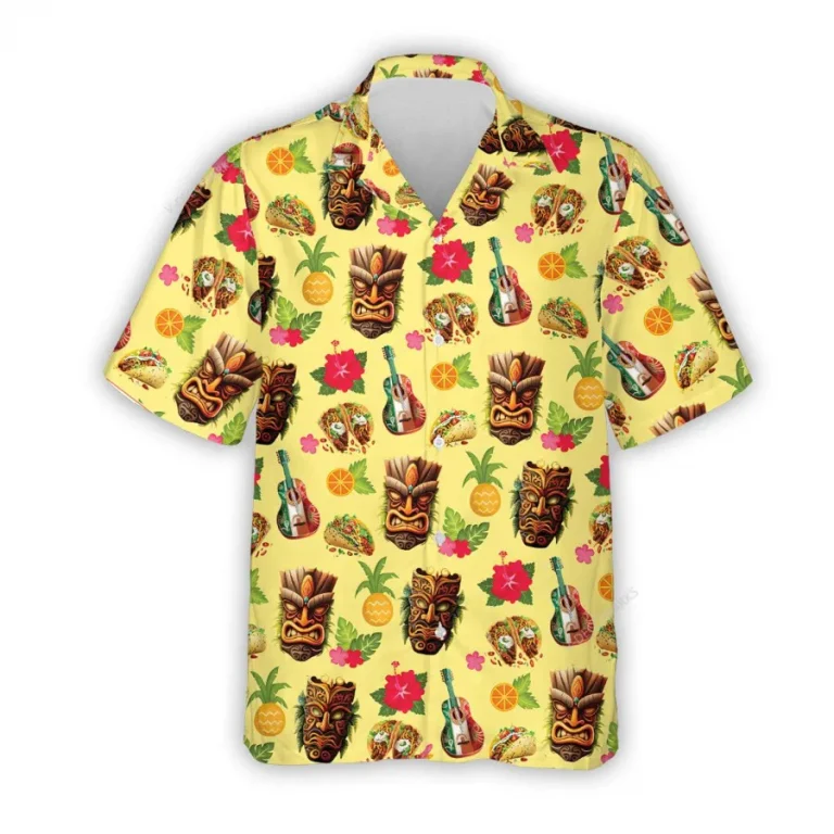 Tiki Mask Taco Hawaiian Shirts, Mexican Themed Summer Beach Shirts, Cinco De Mayo Aloha Shirts, Mexican Culture Button Down Short Sleeve Hawaii Shirts