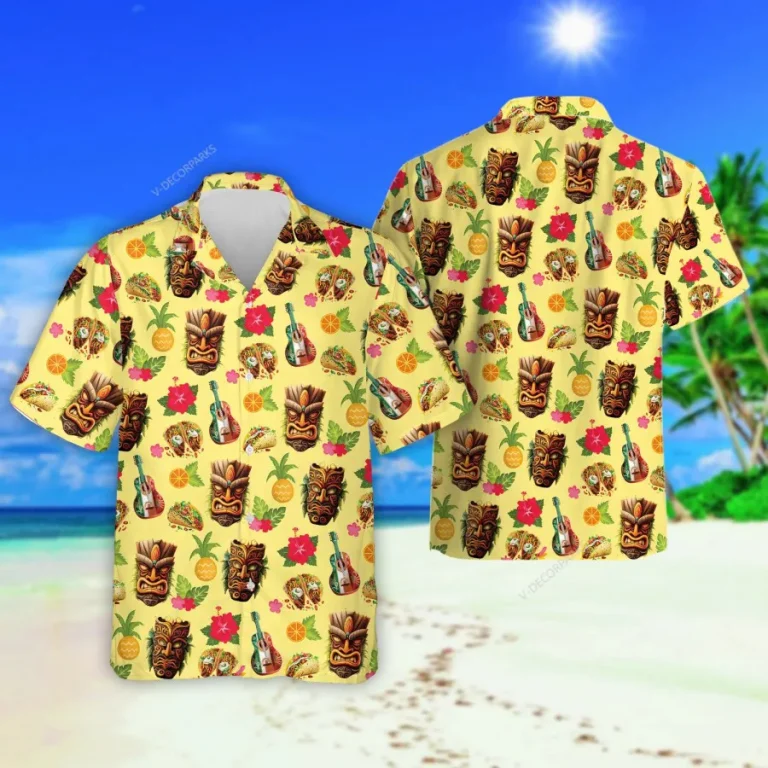 Tiki Mask Taco Hawaiian Shirts, Mexican Themed Summer Beach Shirts, Cinco De Mayo Aloha Shirts, Mexican Culture Button Down Short Sleeve Hawaii Shirts