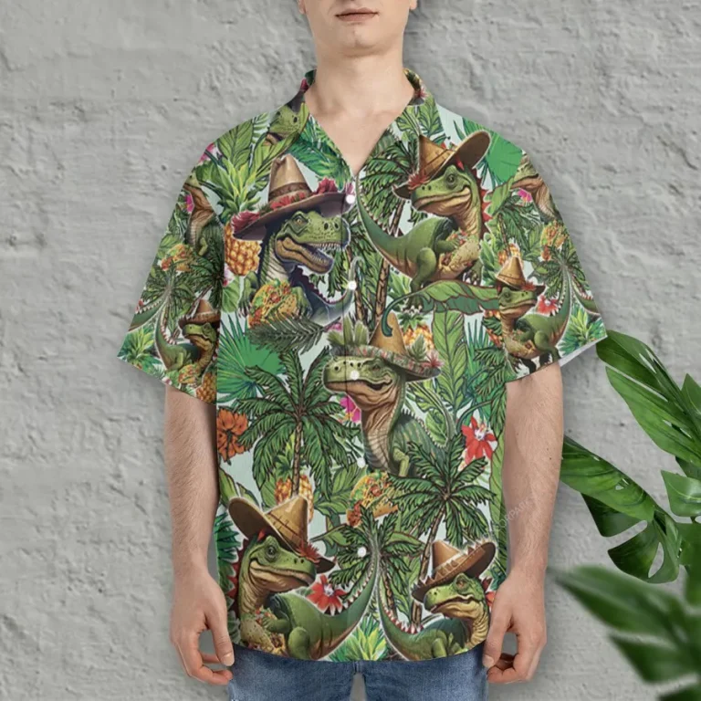 Dinosaur Taco Hawaiian Shirt For Men Women, Dino Sombrero Summer Beach Shirts, Cinco De Mayo Aloha Shirts, Colorful Button Down Short Sleeve Shirts