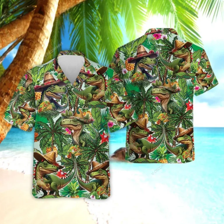 Dinosaur Taco Hawaiian Shirt For Men Women, Dino Sombrero Summer Beach Shirts, Cinco De Mayo Aloha Shirts, Colorful Button Down Short Sleeve Shirts