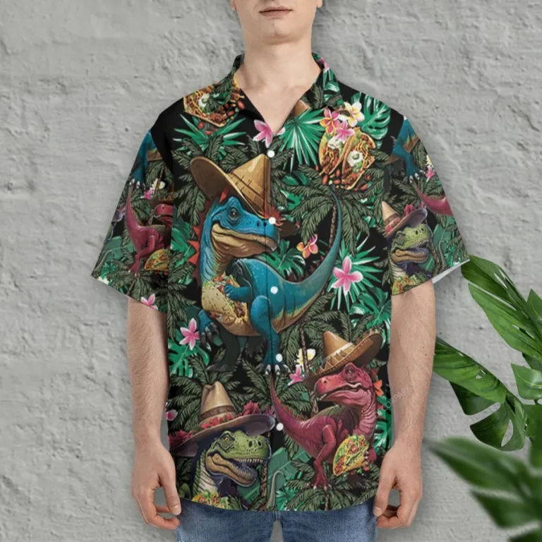 Dinosaur Taco Hawaiian Shirt For Men Women, Dino Sombrero Summer Beach Shirts, Cinco De Mayo Aloha Shirts, Tropical Button Down Short Sleeve Shirts