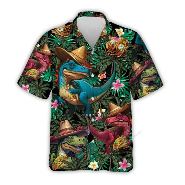 Dinosaur Taco Hawaiian Shirt For Men Women, Dino Sombrero Summer Beach Shirts, Cinco De Mayo Aloha Shirts, Tropical Button Down Short Sleeve Shirts