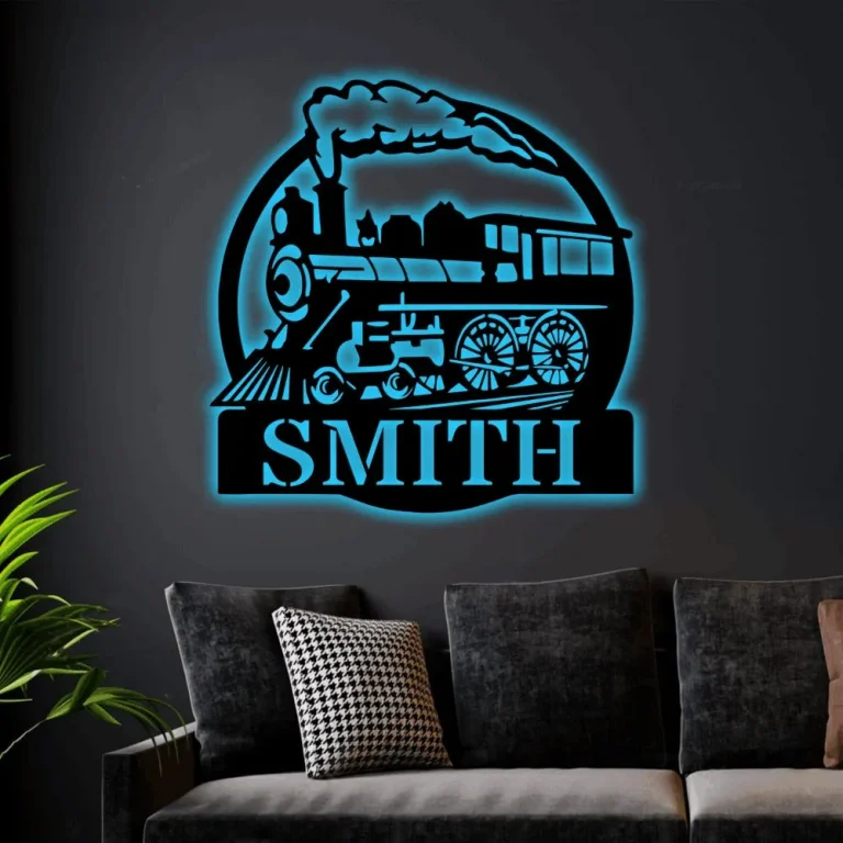 Train Custom Metal Sign With Led Lights, Personalized Train Sign, Train Wall Decor, Custom Metal Name Sign