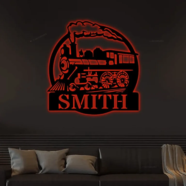 Train Custom Metal Sign With Led Lights, Personalized Train Sign, Train Wall Decor, Custom Metal Name Sign