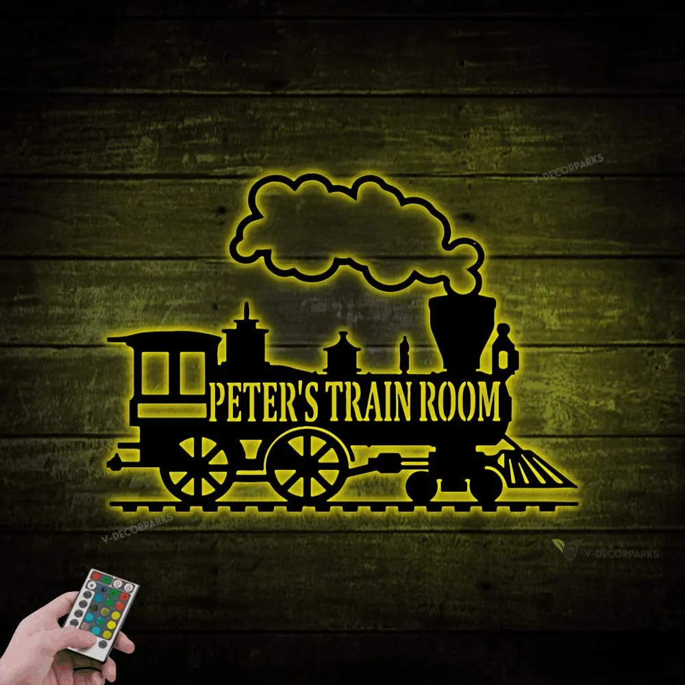 Train Metal Sign With Led Lights - Metal Wall Decor, Custom Metal Name Sign, Custom Train Sign,railroad Sign, Railway Sign, Train Room, Train Decor