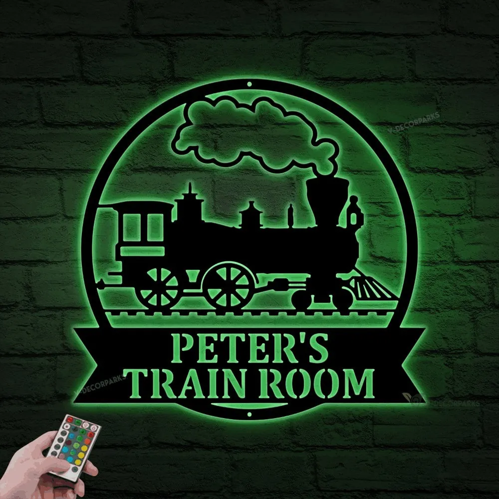 Train Metal Sign With Led Lights- Metal Wall Decor, Custom Metal Name Sign, Custom Train Sign,railroad Sign, Railway Sign, Train Room, Train Decor