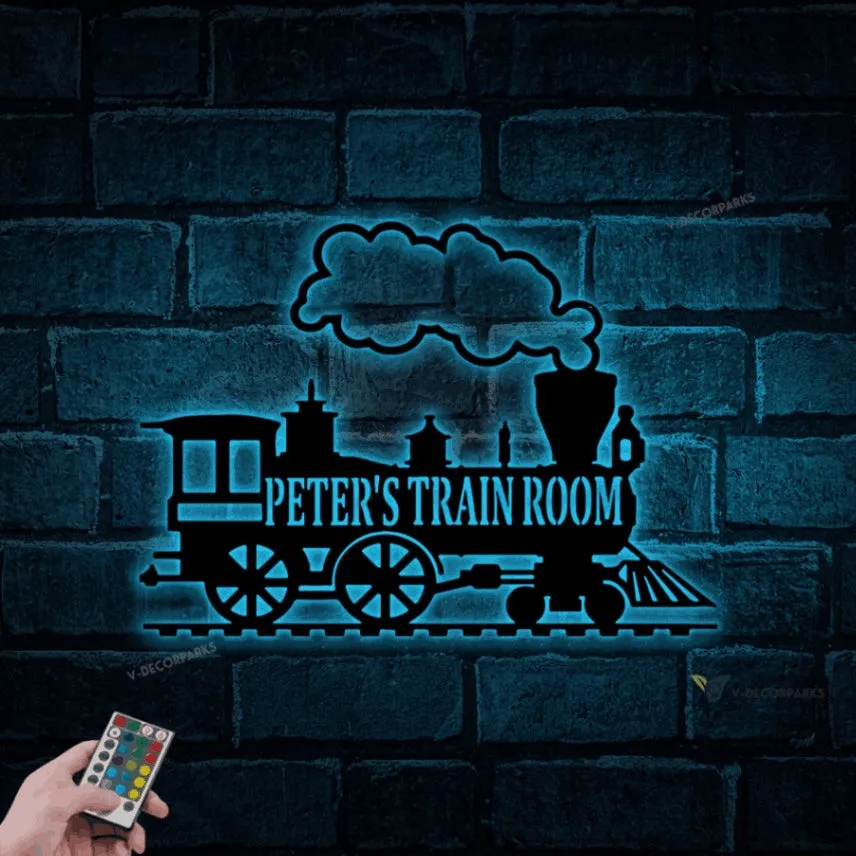 Train Metal Sign With Led Lights - Metal Wall Decor, Custom Metal Name Sign, Custom Train Sign,railroad Sign, Railway Sign, Train Room, Train Decor