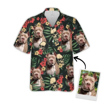 Custom Hawaiian Shirt With Pet Face, Personalized Gift For Pet Lovers, Tropical Colorful Seamless With Skulls, Flowers & Leaves Pattern Aloha Shirt