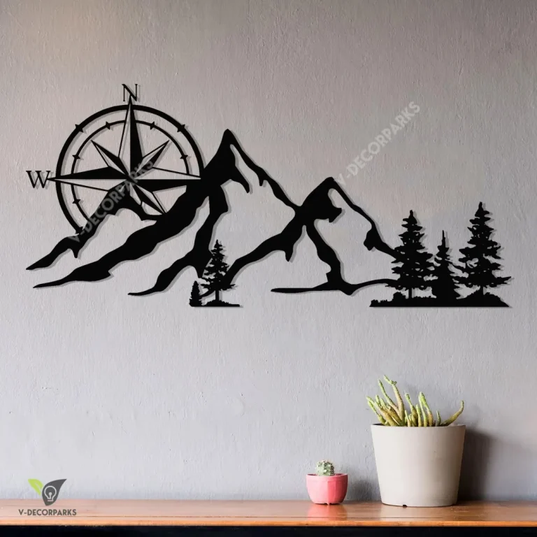 Nw Compass Rose Mountain Scene Metal Sign, Metal Farmhouse Decor, Metal Wall Art, West Coast Metal Mountain Sign, Northwest, Adventure