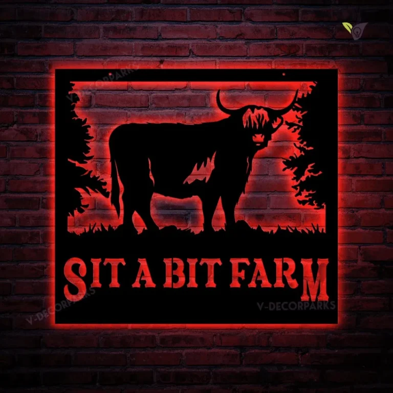 Personalized Metal Farm Sign, Highland Cow Monogram Metal Art With Led Lights, Custom Outdoor Farmhouse