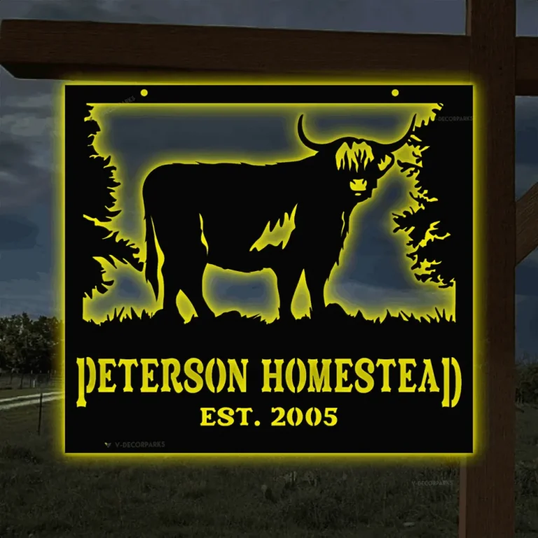 Personalized Metal Farm Sign Highland Cow Monogram With Led Lights, Custom Outdoor Farmhouse