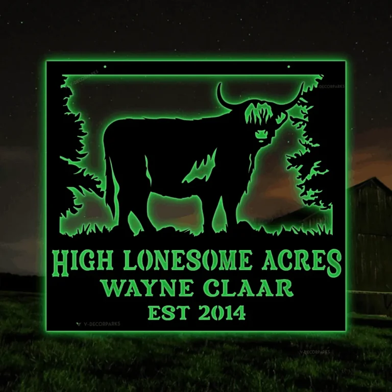 Personalized Metal Farm Sign Highland Cow Monogram With Led Lights, Custom Outdoor Farmhouse