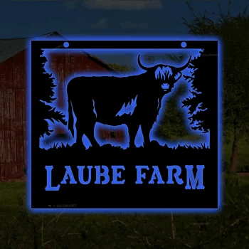 Personalized Metal Farm Sign Highland Cow Monogram With Led Lights, Custom Outdoor Farmhouse