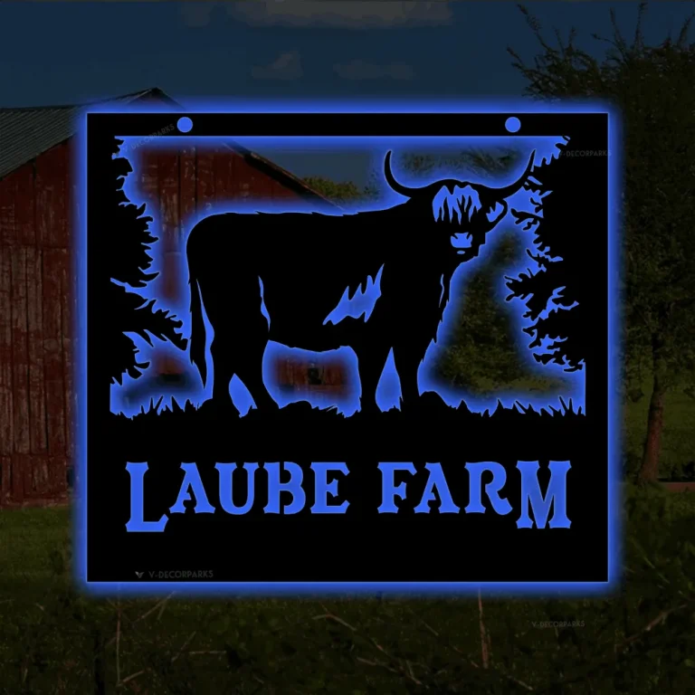 Personalized Metal Farm Sign Highland Cow Monogram With Led Lights, Custom Outdoor Farmhouse