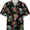 Floral Sugar Skull Hawaiian Shirt For Men, Colorful Sugar Skull Summer Shirts, Tropical Short Sleeve Casual Button Sdown Shirt Mens Hawaiian Shirts