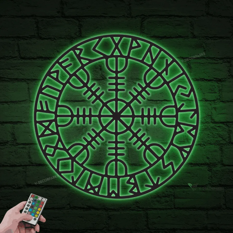Viking Metal Sign With Led Lights, Nordic Mythology Large Decor, Old Norse Protection Rune, Viking Rune Sign, Viking Compass, Nordic Compass